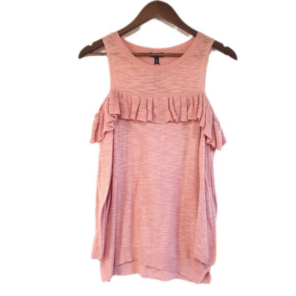 EXPRESS Pink Cold Shoulder Ruffle Sweater Top Coral 3/4 Sleeve Size Medium New - Picture 2 of 12